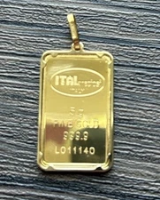 Solid 999.9 Fine Gold Italpreziosi 5 gram Ingot Bar 14k Bezel Frame Pendant 6grs