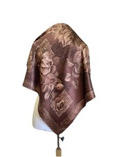 AS6 Vintage 100 Silk Scarf Brown Floral Pattern Geometric Border Elegant
