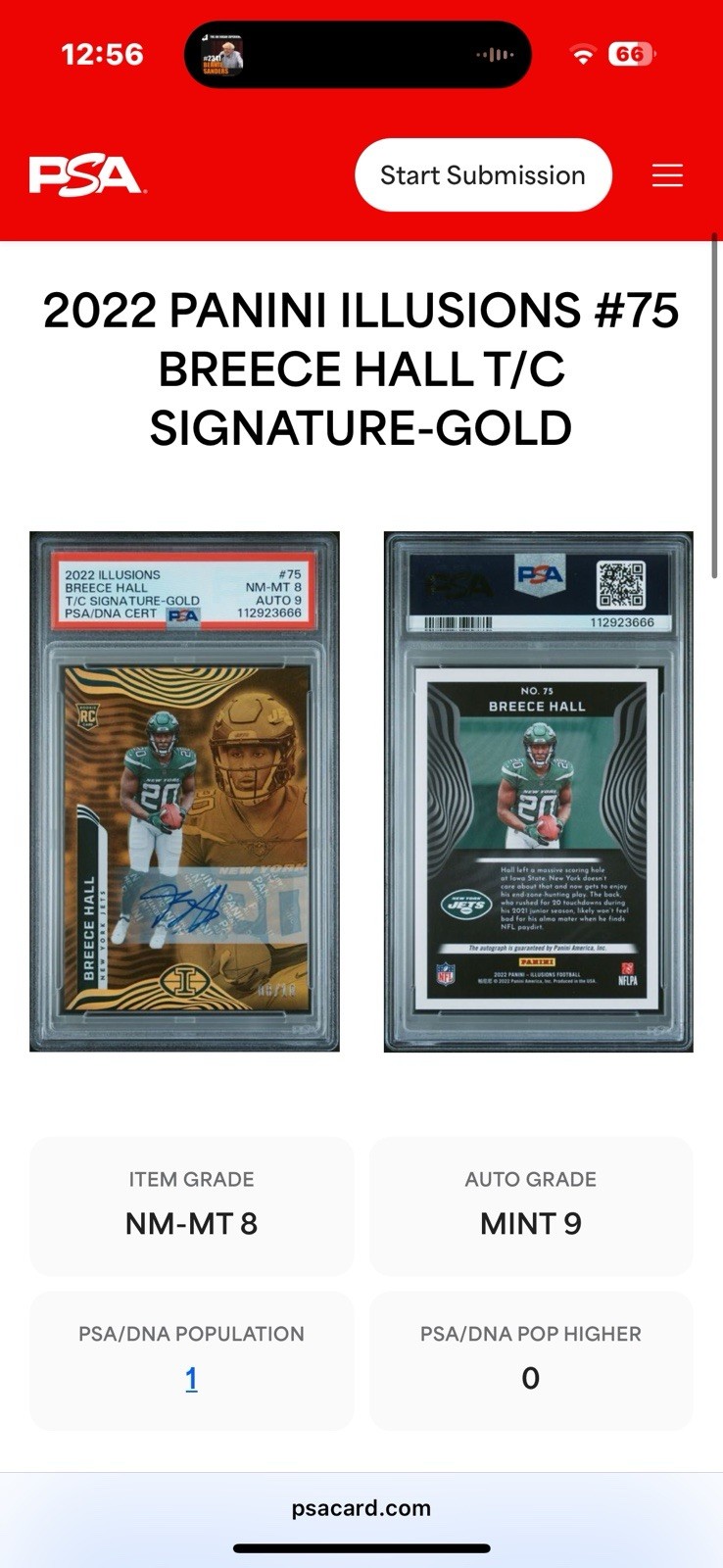 2022 Panini Illusions RC Breece Hall T/C Signature Gold PSA 8 Auto 9 Pop 1 Rare! view 3