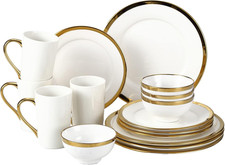 Image of Elegant 16-Piece White Dinnerware Set with Gold Trim for 4 - Modern Porcelain