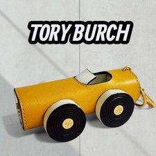 Tory Burch Leather Car Motif Key Ring Bag Charm Yellow White Rare Used Japan