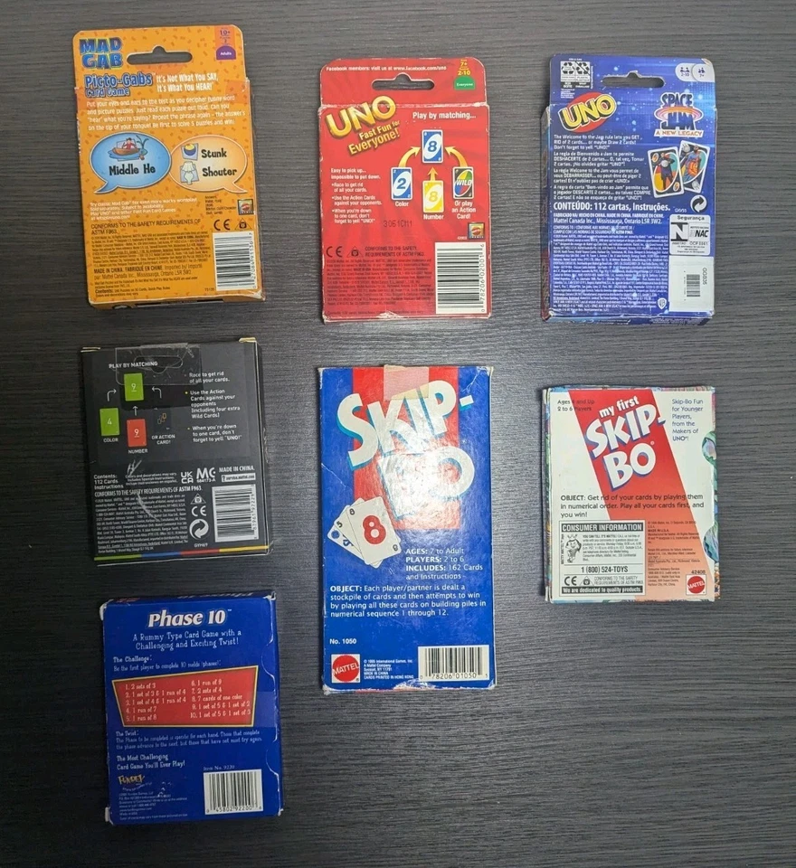 7 Mattel Card Games/UNO (Space Jam,Minimalist, Reg, SKIP-BO, PHASE 10 & MAD GAB. - Image 2 of 2