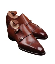 Handmade Brown Cap Toe Double Monk Strap Real Leather Dress Office Shoes For Men