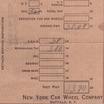 Buffalo 1948 New York Car Wheel Company John Gonda Pay Stub Railway Employee VTG