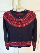 Talbots Women Navy Blue Red Fair Isle Lambswool Blend Knit Button Cardigan Small