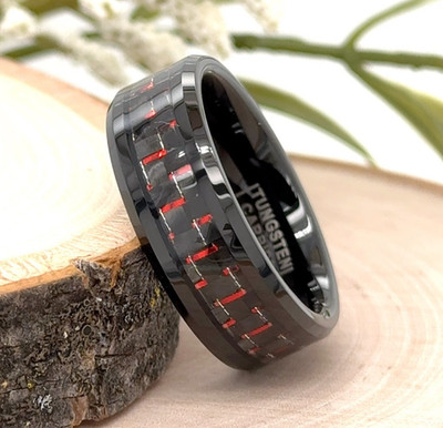 Christmas Gifts Band 8mm Black Polished Tungsten Ring Red Carbon Fiber Inlay