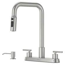 4 Hole Kitchen Faucet Brushed Nickel Dual Handle Pull Down Sprayer Stainless Ste