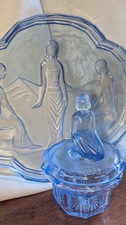 Art Deco Walther & Söhne Nymphen Blue Glass Powder Jar & Tray c1930s UV reactive