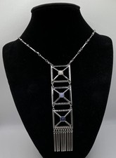 White House Black Market Silver Tone Square Fringe Pendant Necklace Bar Link
