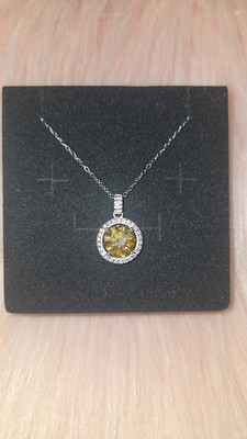 Gelb Champagner Diamant Heiligenschein Anhänger Halskette Silberfarben Rundschliff