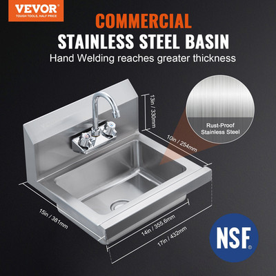 VEVOR Commercial Hand Sink with Faucet, Stainless Steel Sink for Washing, Small