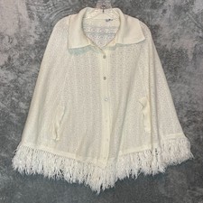 Womens Vintage 60s 70s Cream Knit Lace Cape Poncho Button Collared Sweater OS