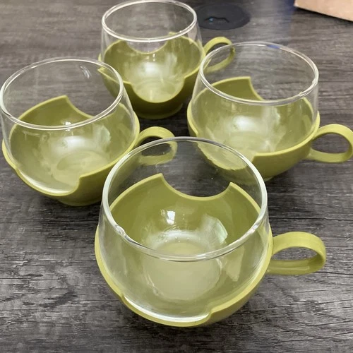 Vintage Set of 4 PYREX Roly Poly Glasses  Avocado Pea 1970s Green Cup Holders