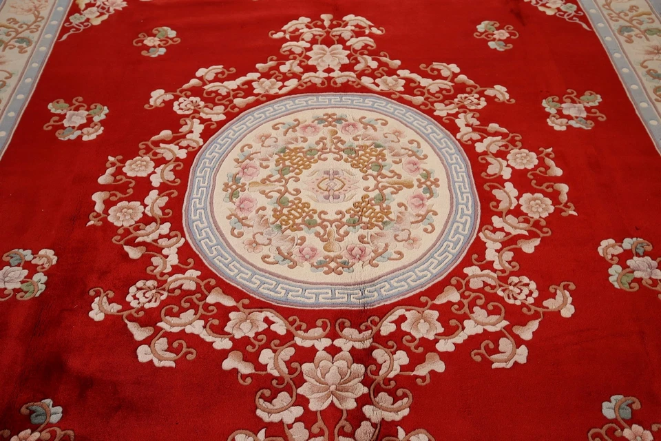 Transitional Floral Art Deco Chinese Rug 9x12 ft. Hand-knotted Wool Red Carpet - Image 3 of 4