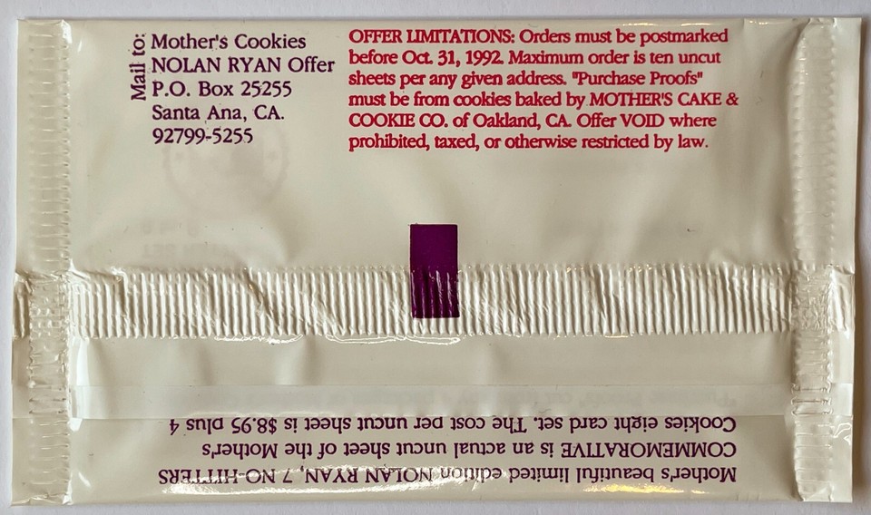 1992 Mother's Cookies Nolan Ryan Baseball Card 7 No Hitters
