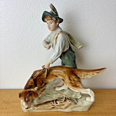 【大型】 Dux ロイヤルデュックス 犬 陶器置物 ハンティングドッグ RARE Large Royal Dux Boy with Hound Golden Retriever Czech