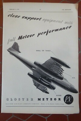 2/1951 PUB GLOSTER FLUGZEUG METEOR BODENANGRIFF ORIGINAL ANZEIGE