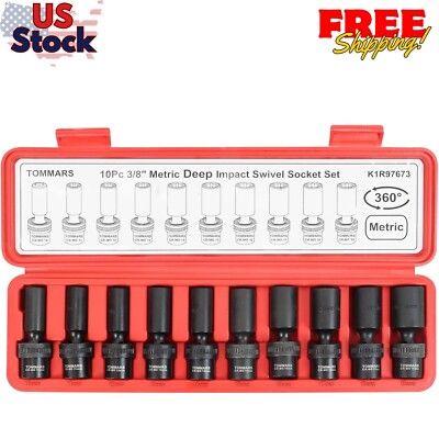 3/8'' Drive Universal Swivel Impact Socket Set Deep, 6 Point Wobble Flexible S...