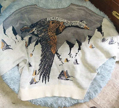 VINTAGE 80 GER Pullover Strick Kranich Berge Gr XL 44 Luxus Fledermausärmel