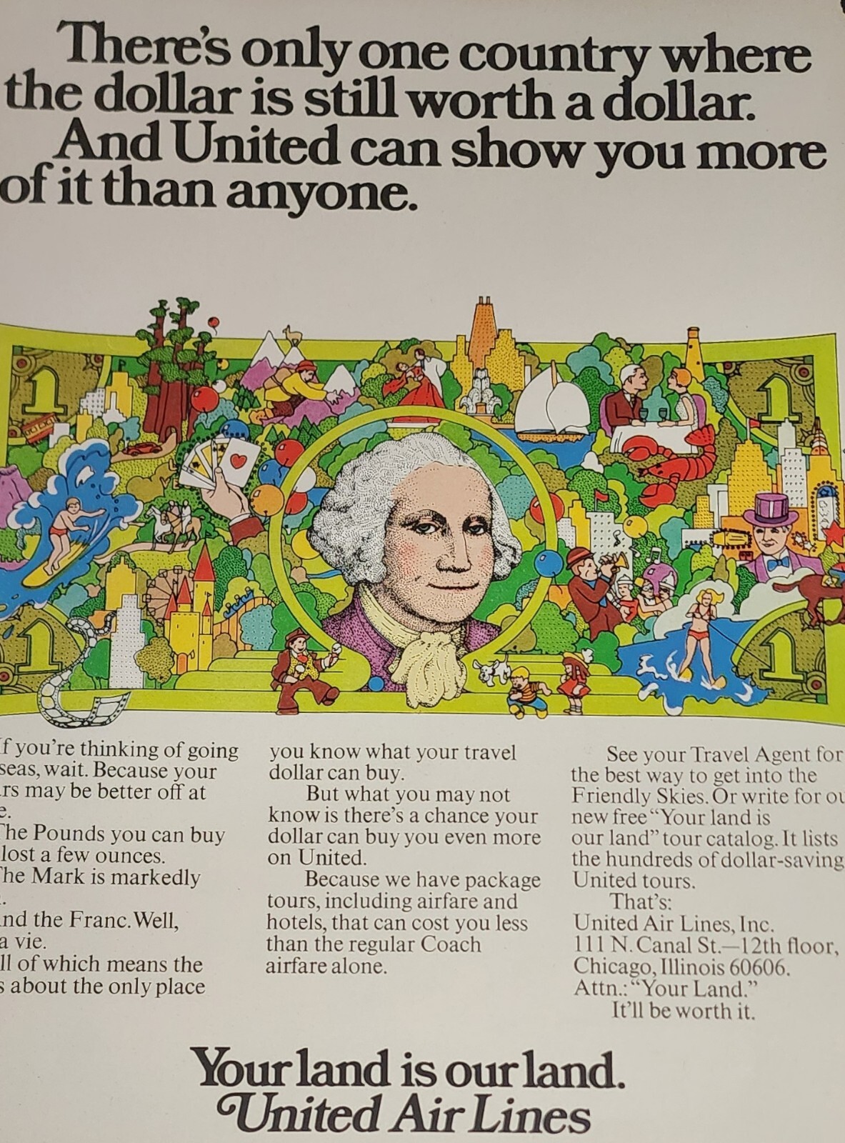 United Airlines Magazine Ad The Dollar Vintage 1972 Advertisement Display Art