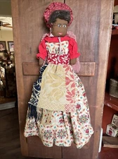 Primitive Handmade Folk Art Black Angel 20” Red Dress Ant. Coverket Apron Bonnet