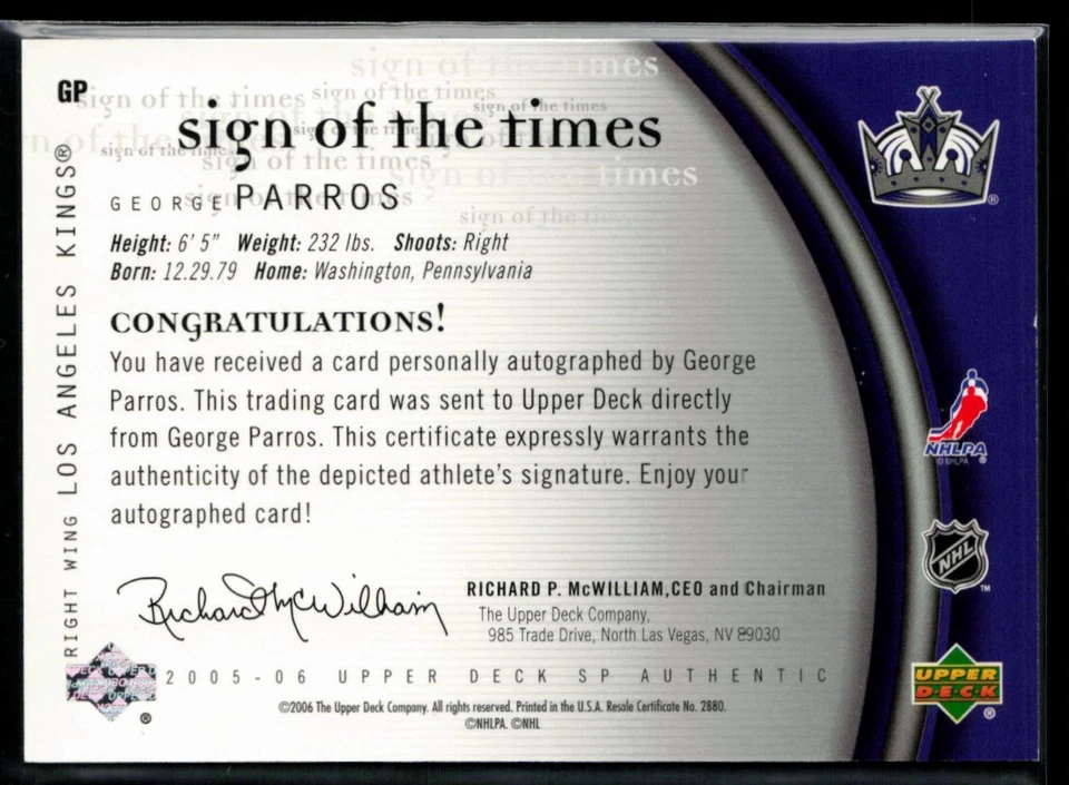 2005-06 SP Authentic Sign of the Times #GP George Parros - Image 2 of 2