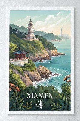 Lebendiges Xiamen China Reiseposter - Atemberaubende Küstenzeichen Kunstdruck_mehrDe