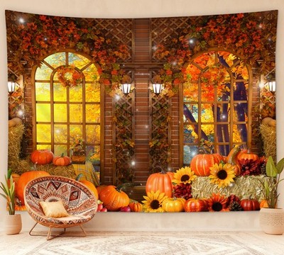 Rustic Farmhouse Harvest Pumpkin Fall Tapestry Wall Hanging Bedroom Dorm Decor