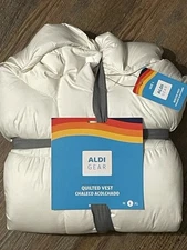 Large Aldi Gear Quilted Zip Vest White Logo On Detachable Hood Relax Fit 