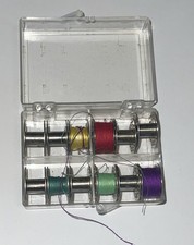 Vtg Bobbin Box Clear Acrylic w/ 12 Metal Bobbins