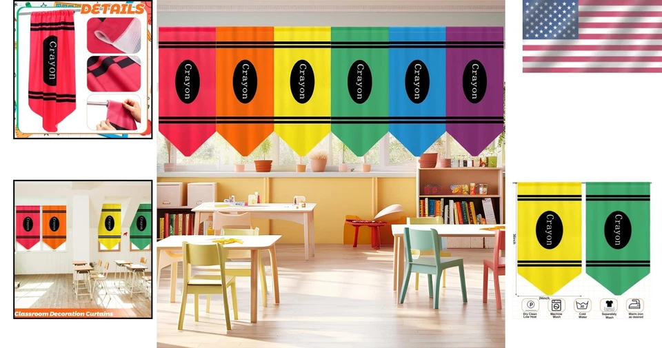 Colorful Classroom Curtains Rainbow Crayon Back to School Decor 6pcs - Image 2 of 4