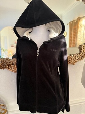 Three Hearts Velour Zip Up Hoodie Black Cozy Jacket Womens M Soft Fleece Lined