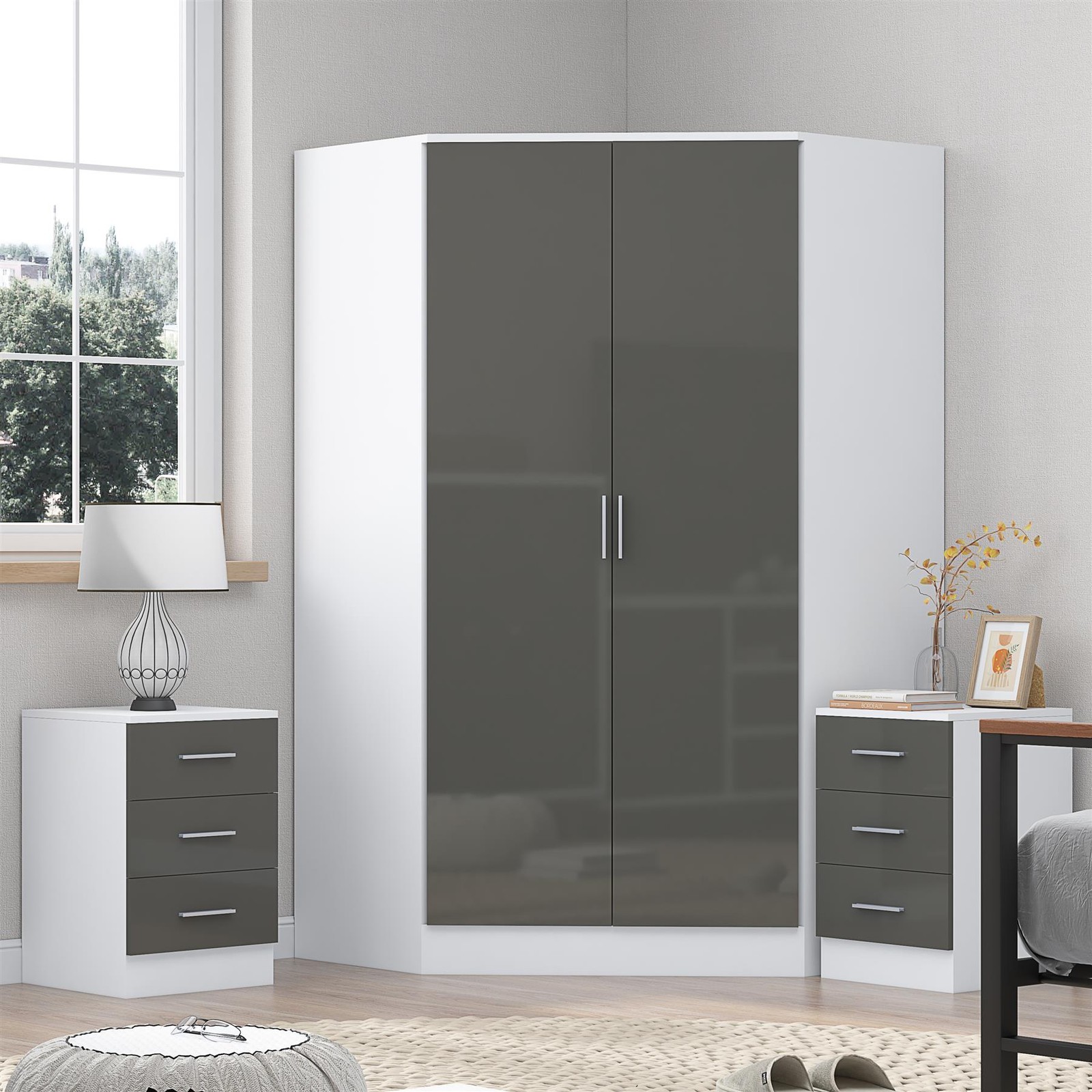 REFLECT Wardrobe Bundle: 2 Door Corner & 2x 3 Drawer Bedsides - Grey/White