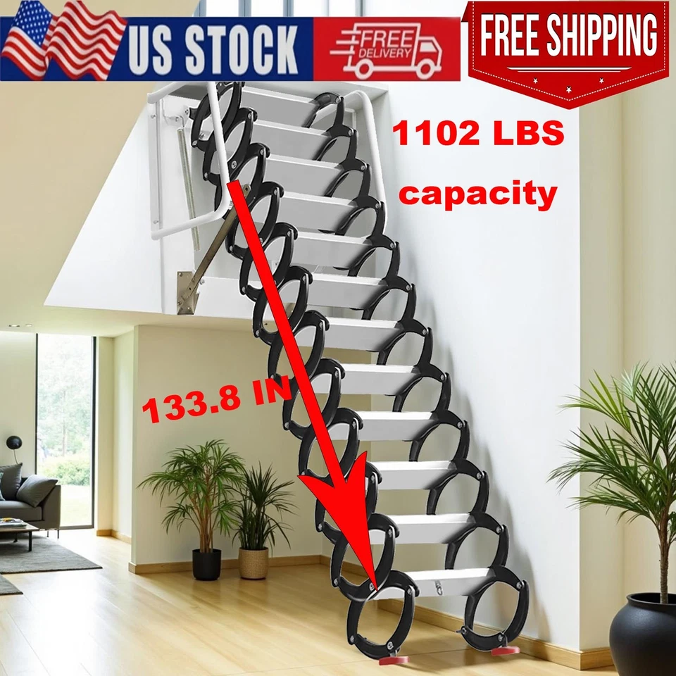 AOKNV Wall-Mounted Attic Ladder with Pull Down System,Foldable Staircase with Handrail