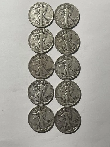 Lot of 10 Liberty Walking Half Dollar Coins with 90% Pure Silver-