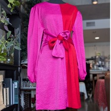 Long Sleeve Midi Dress Textured Crepe Colorblock Date Night Dress Pink Red LARGE