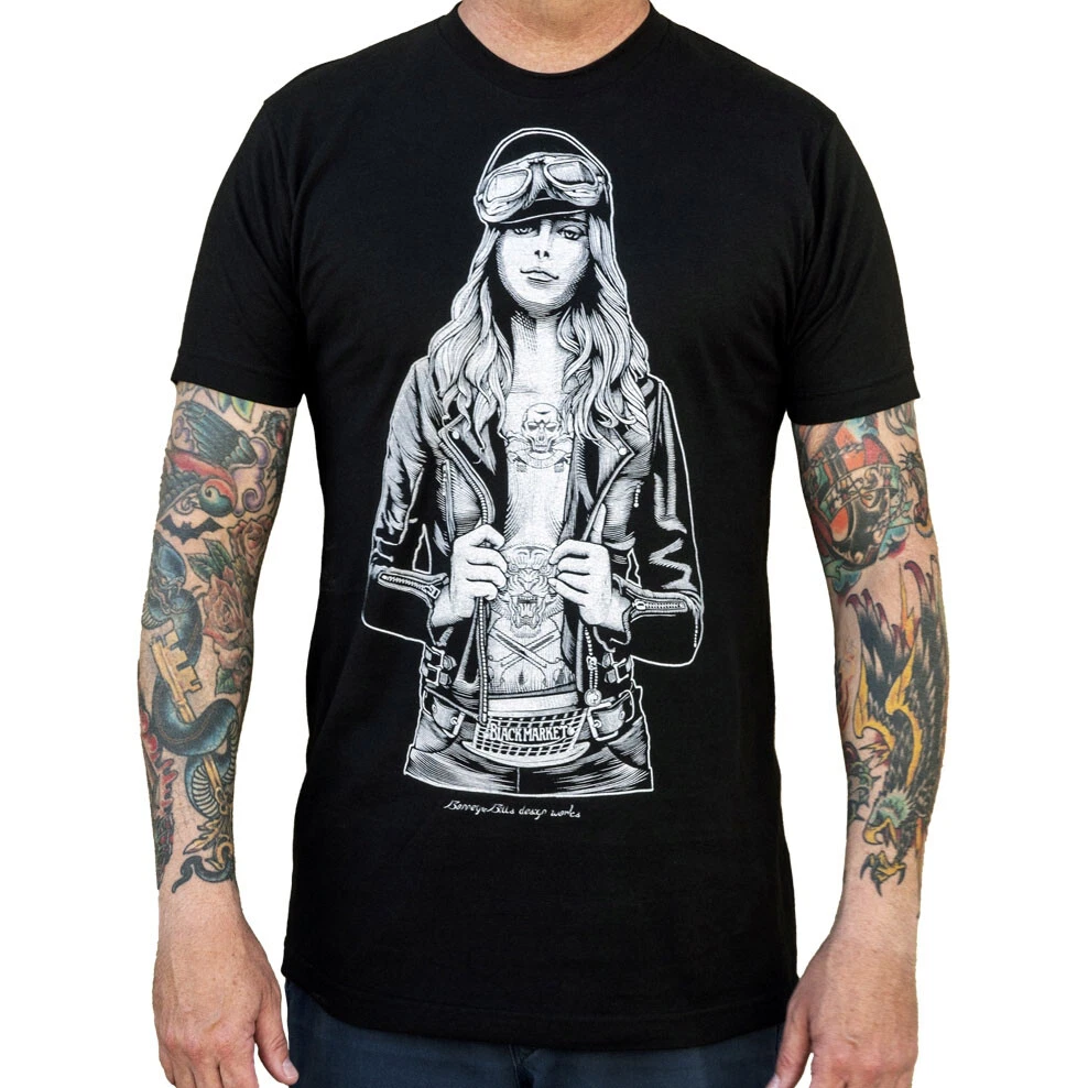 Black Market Art Biker Girl Tee Custom Tattoo Style Art Motorcycle T-shirt S-2XL