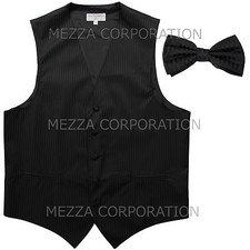 New Men's Tuxedo Vest Waistcoat Vertical Stripes Bowtie prom wedding party Black