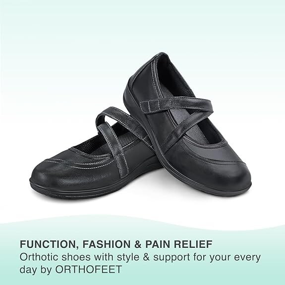 orthofeet women orthopedic shoes Mary Janes lether black size Wide