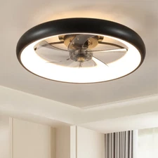 22'' LED Ceiling Fan Light Modern Black Ring Chandelier Lamp With Remote Control