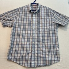 Izod Men s Short Sleeve Shirt Button Down Light Weight Poplin White Blue Plaid