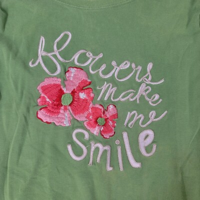 Gymboree Girl's Long Sleeved Green Shirt Sz 12 Flowers Make Me Smile Embroidered