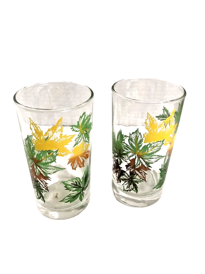 MCM Vintage Salem Juice Glasses Green Maple Leaf Drinking Glasses Two 8