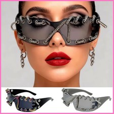 Rhinestone Chain Punk Sunglasses Retro Cool Trendy Sunglasses UV Protective...