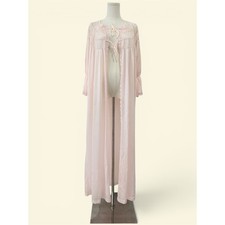 Vintage Movie Star Pink Nylon Long Peignoir Robe Lace Tie Front Maxi Small