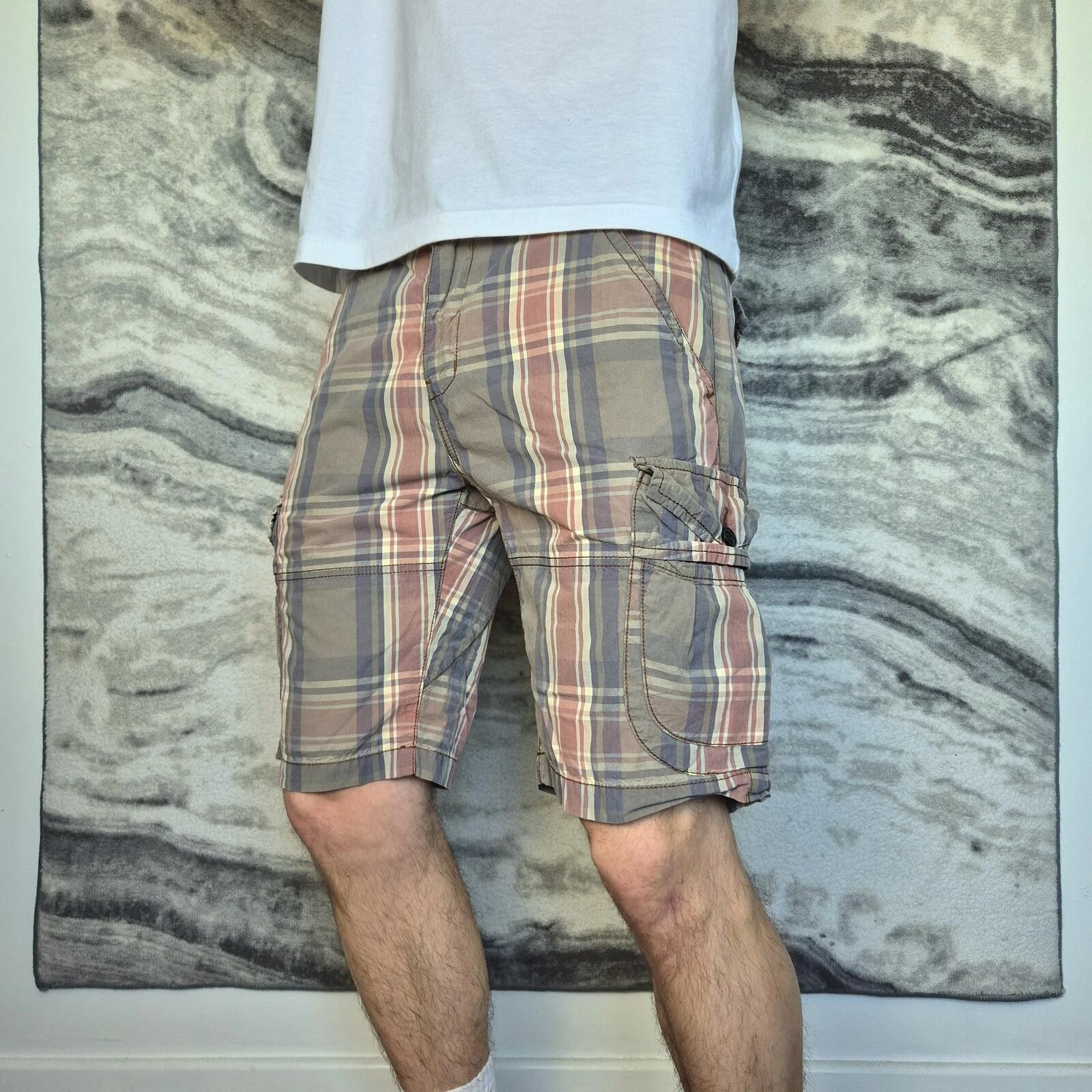 Pepe Jeans Cargo Shorts Men W32 Plaid Checkered Utility Patch Pocket