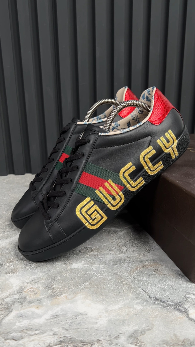 Gucci X Sega Ace Sneakers Ayers Web Guccy Print Black Leather 9.5