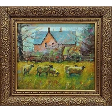 Summer nature Oil painting Original art Rural landscape sheep 5 x 6 inches