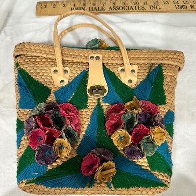 Vintage Woven Straw Tote Bag Floral Raffia Embroidery Boho Summer Beach Large