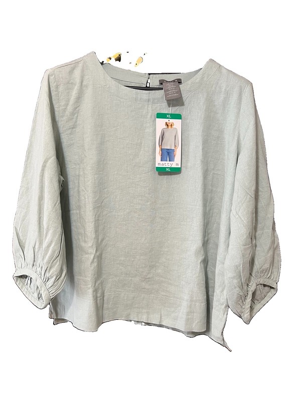 Matty M Women Linen Blend Top XL Sage Green 3/4 Puff Sleeve Boat Neck